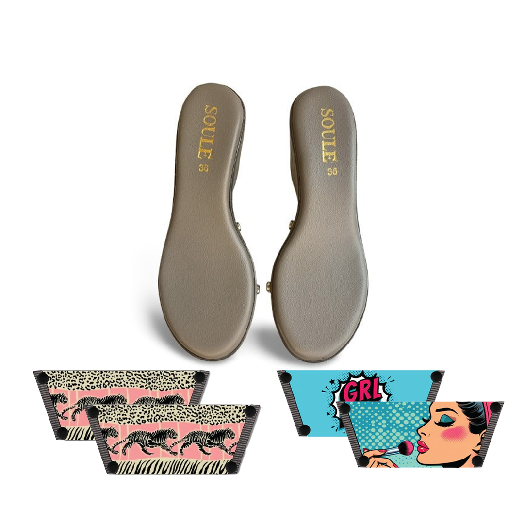 Pair of gray insoles with 'Sole' branding, accompanied by two straps with zebra and leopard print designs .