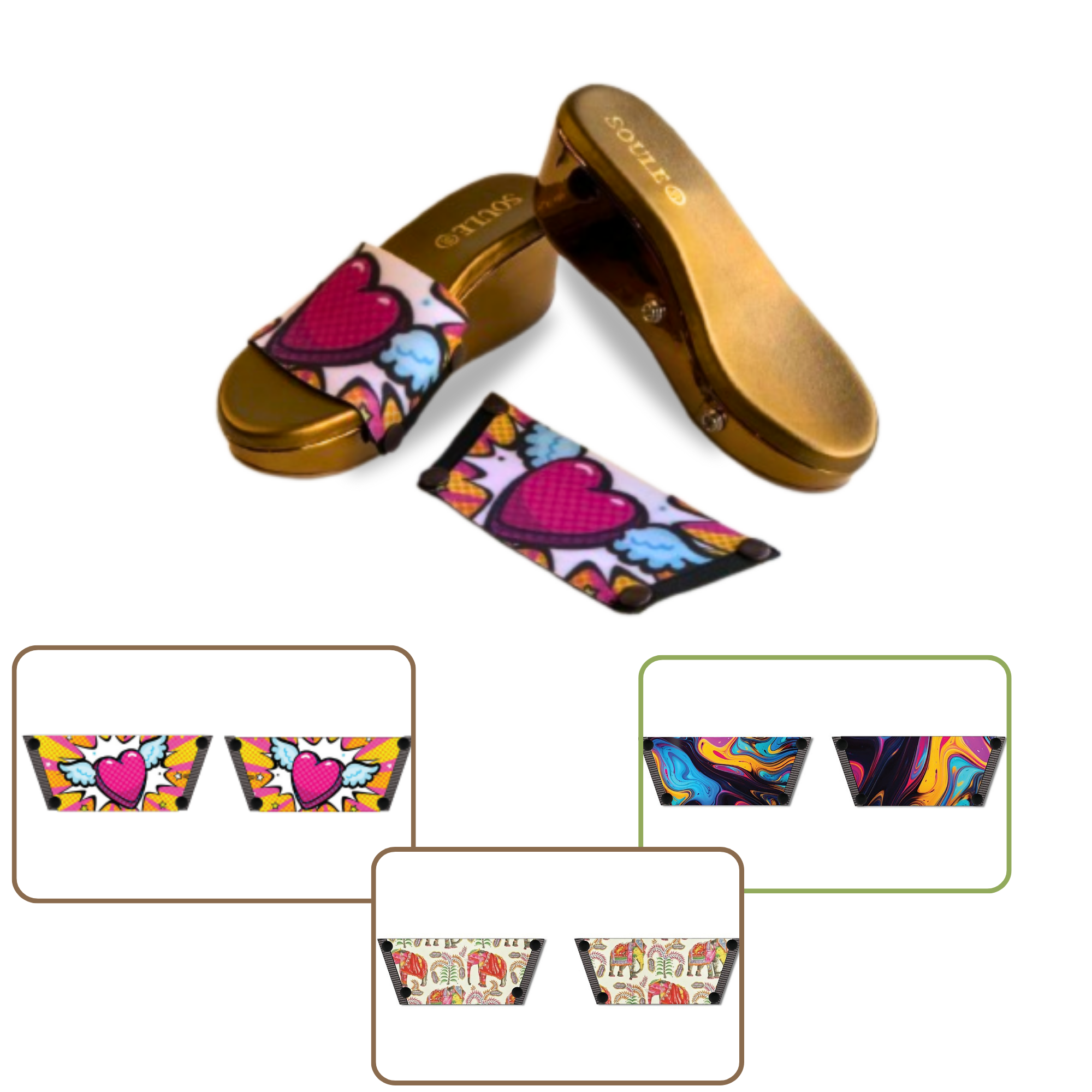 Heart Wings + Ethnic Elephant + Fluid Art (1 sole + 3 straps)