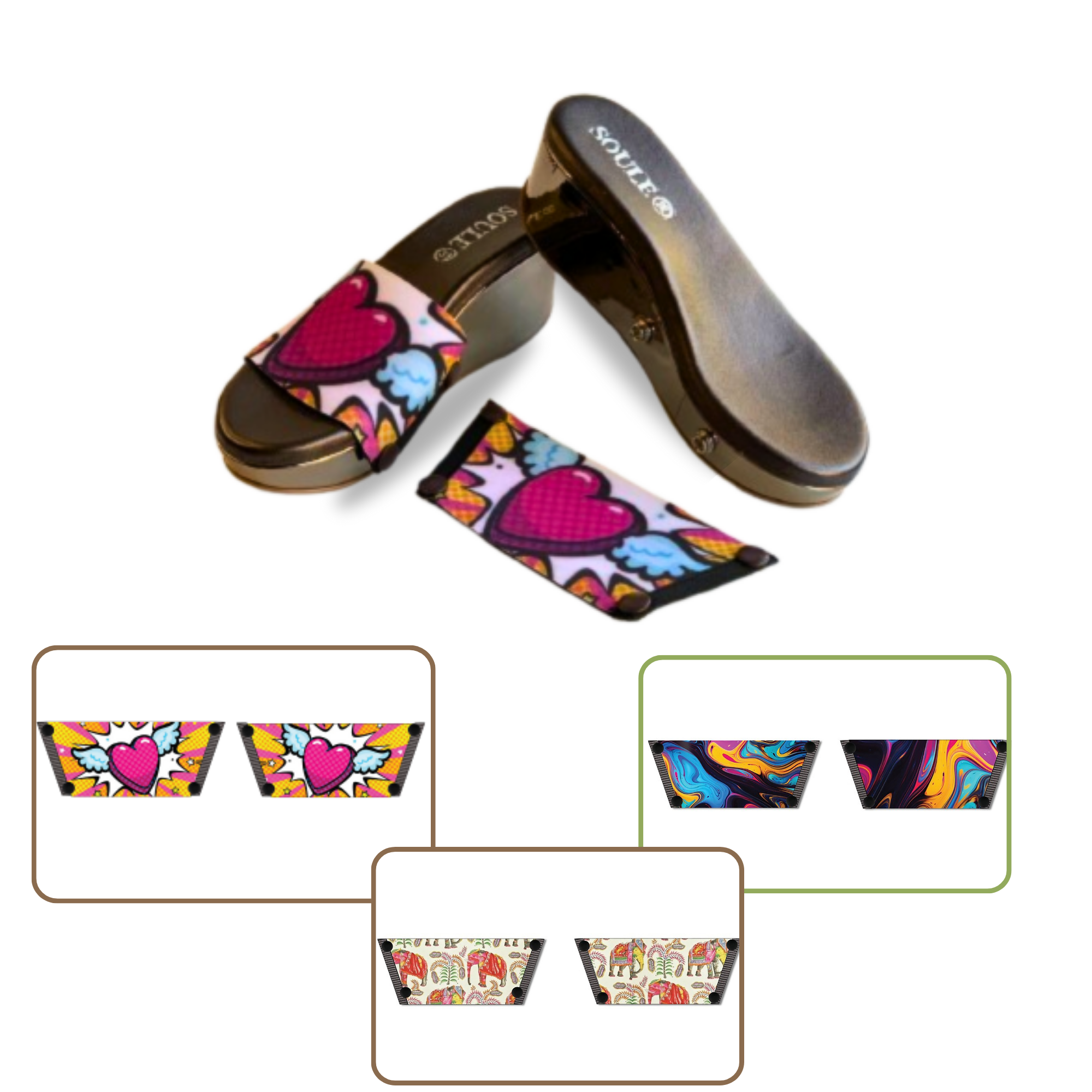 Heart Wings + Ethnic Elephant + Fluid Art (1 sole + 3 straps)