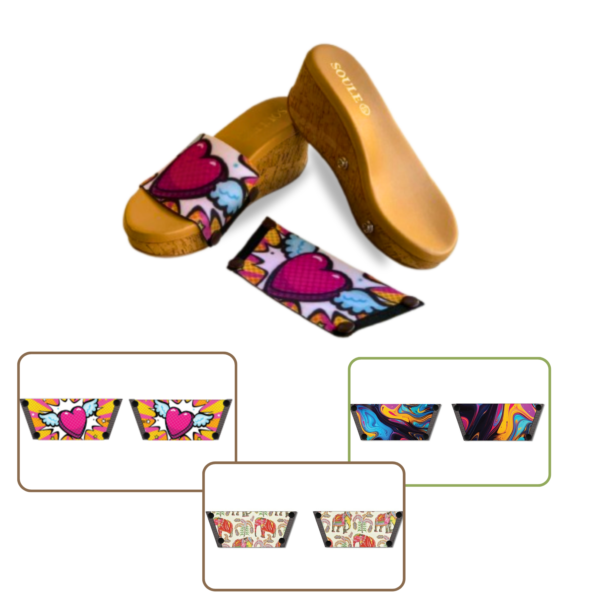 Heart Wings + Ethnic Elephant + Fluid Art (1 sole + 3 straps)