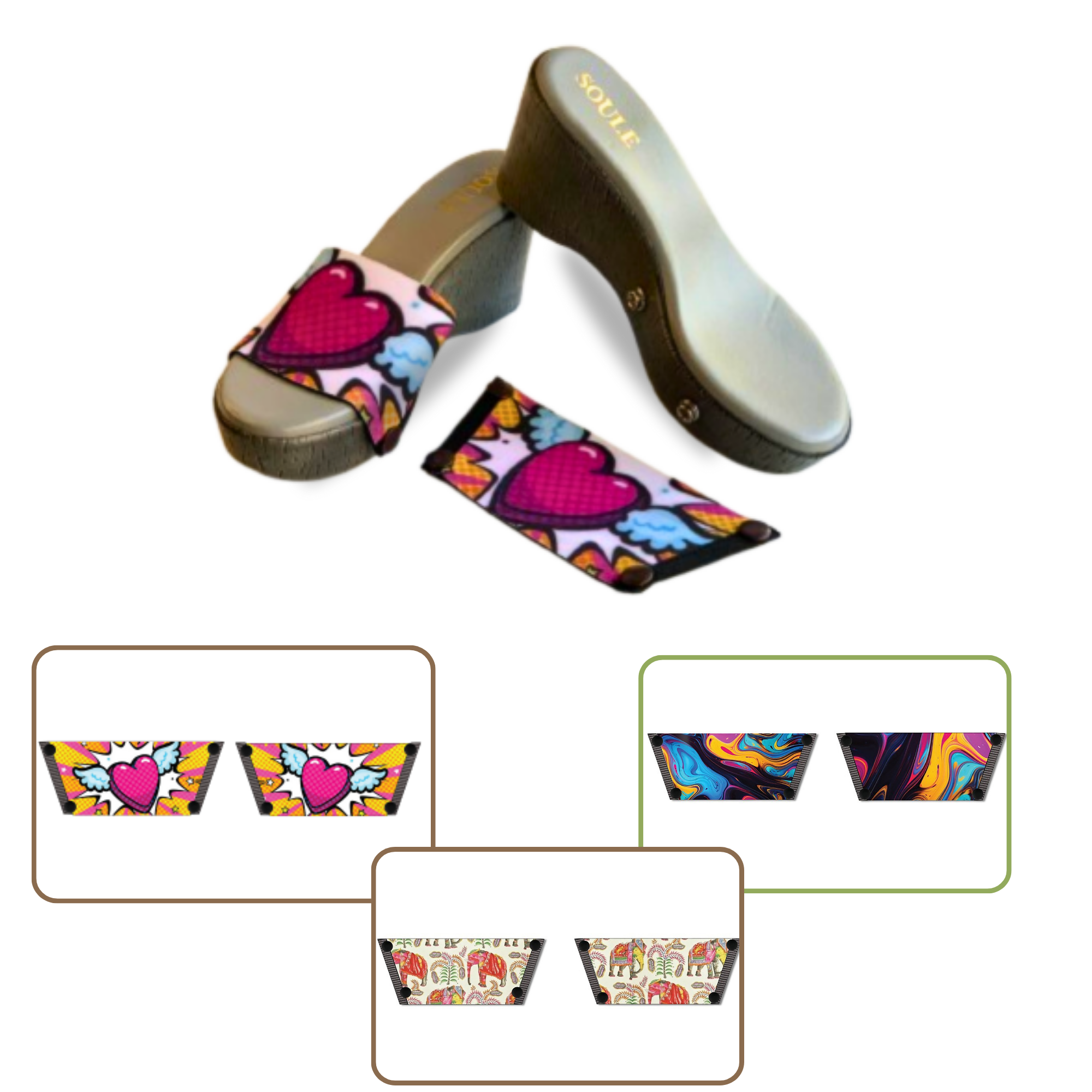 Heart Wings + Ethnic Elephant + Fluid Art (1 sole + 3 straps)