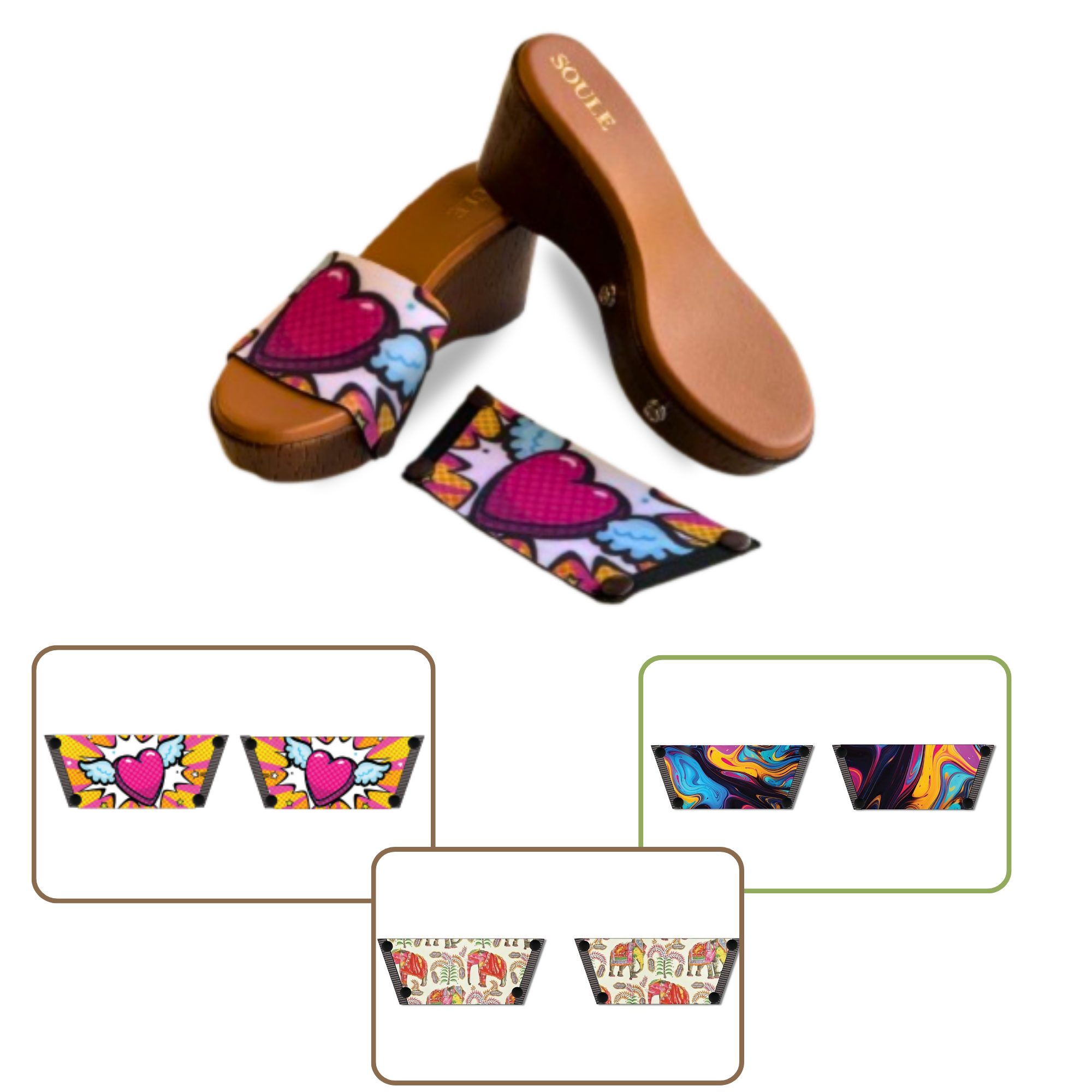 Heart Wings + Ethnic Elephant + Fluid Art (1 sole + 3 straps)