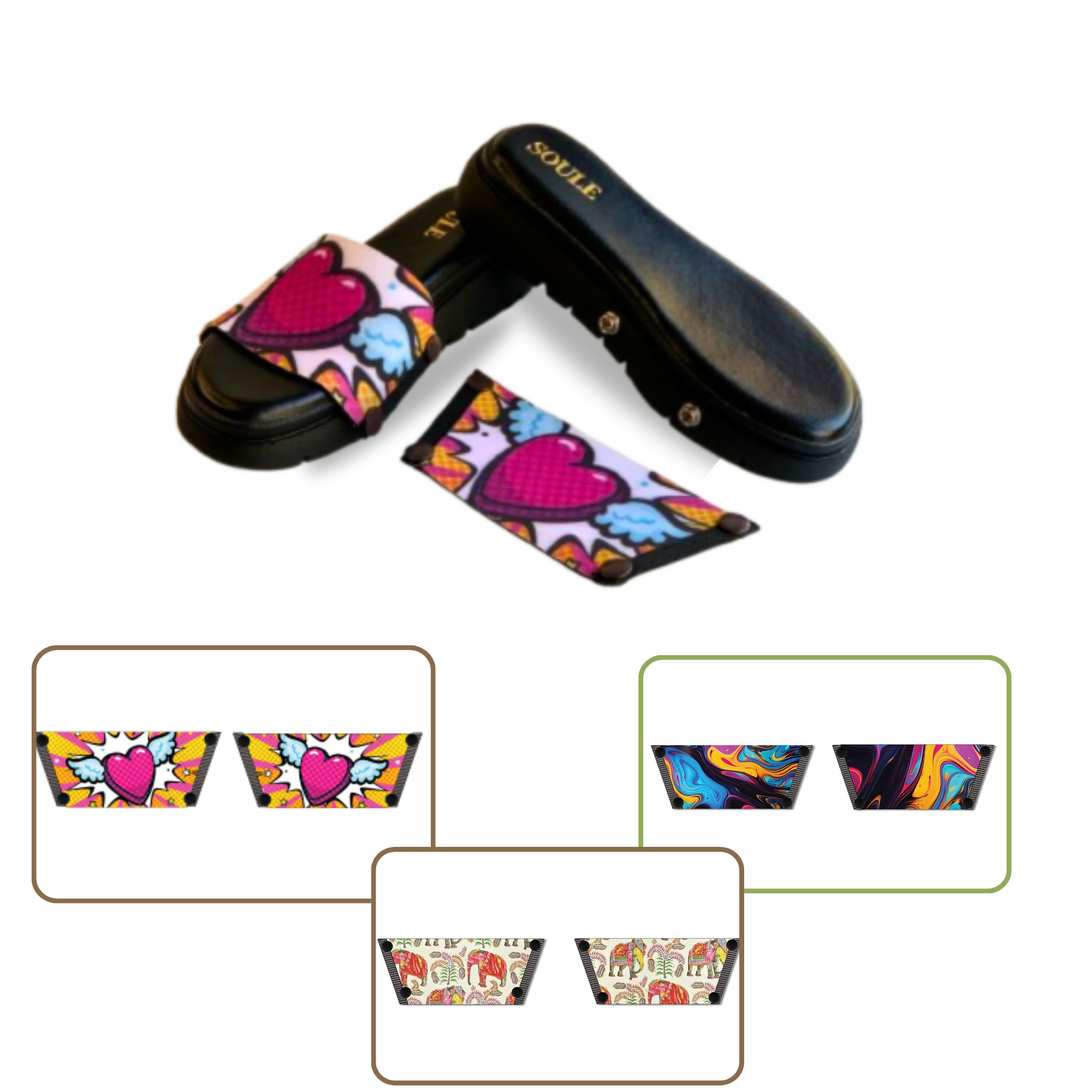 Heart Wings + Ethnic Elephant + Fluid Art (1 sole + 3 straps)