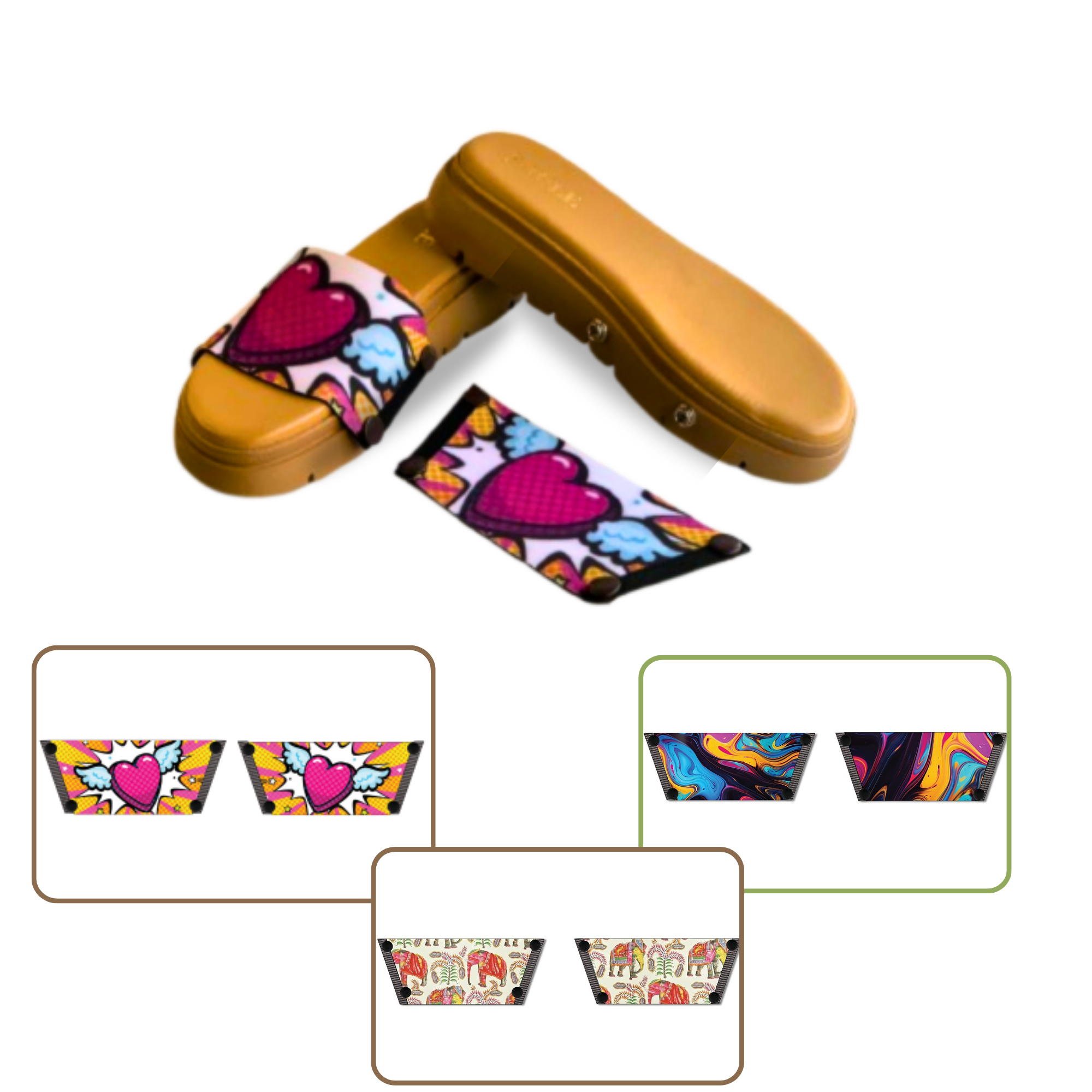 Heart Wings + Ethnic Elephant + Fluid Art (1 sole + 3 straps)