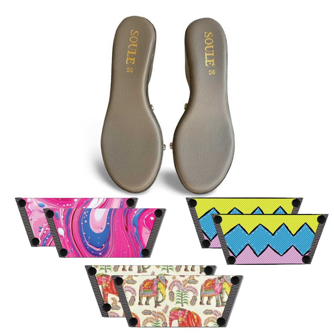 Pink Fluid Art + Zigzag Zest + Ethnic Elephant (1 sole + 3 straps)