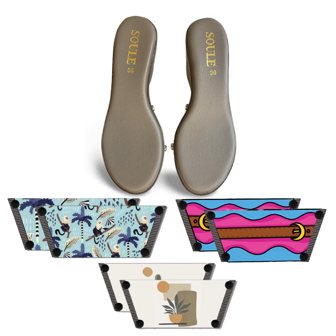 Playful Monkey + Aqua Saddle Groove + Desert Dream Modern Art  (1 sole + 3 straps)