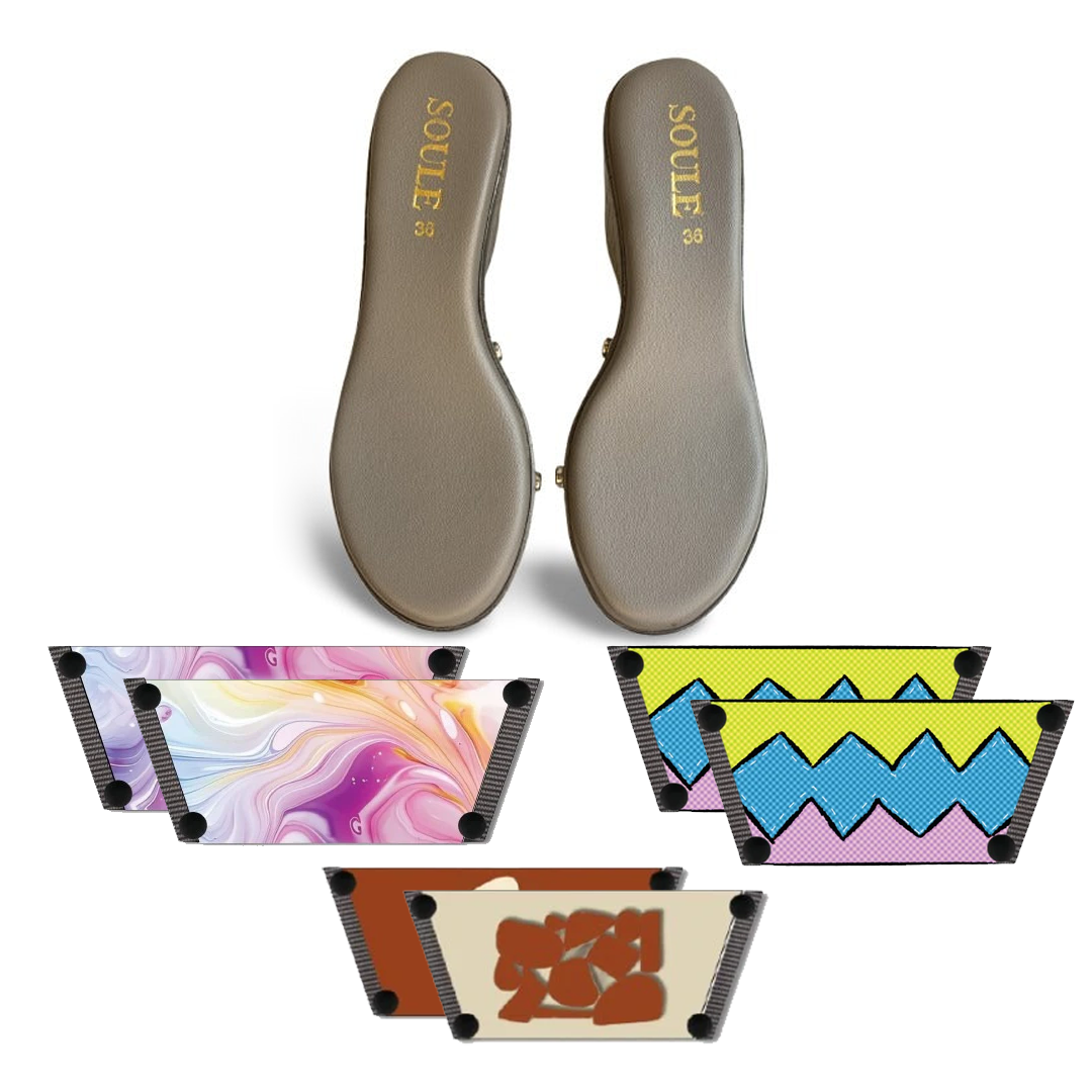 Enchanting Fluid + Zigzag Zest + Earthy Modern Art (1 sole + 3 straps)