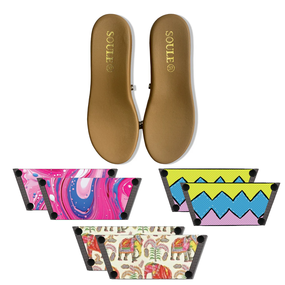 Pink Fluid Art + Zigzag Zest + Ethnic Elephant (1 sole + 3 straps)