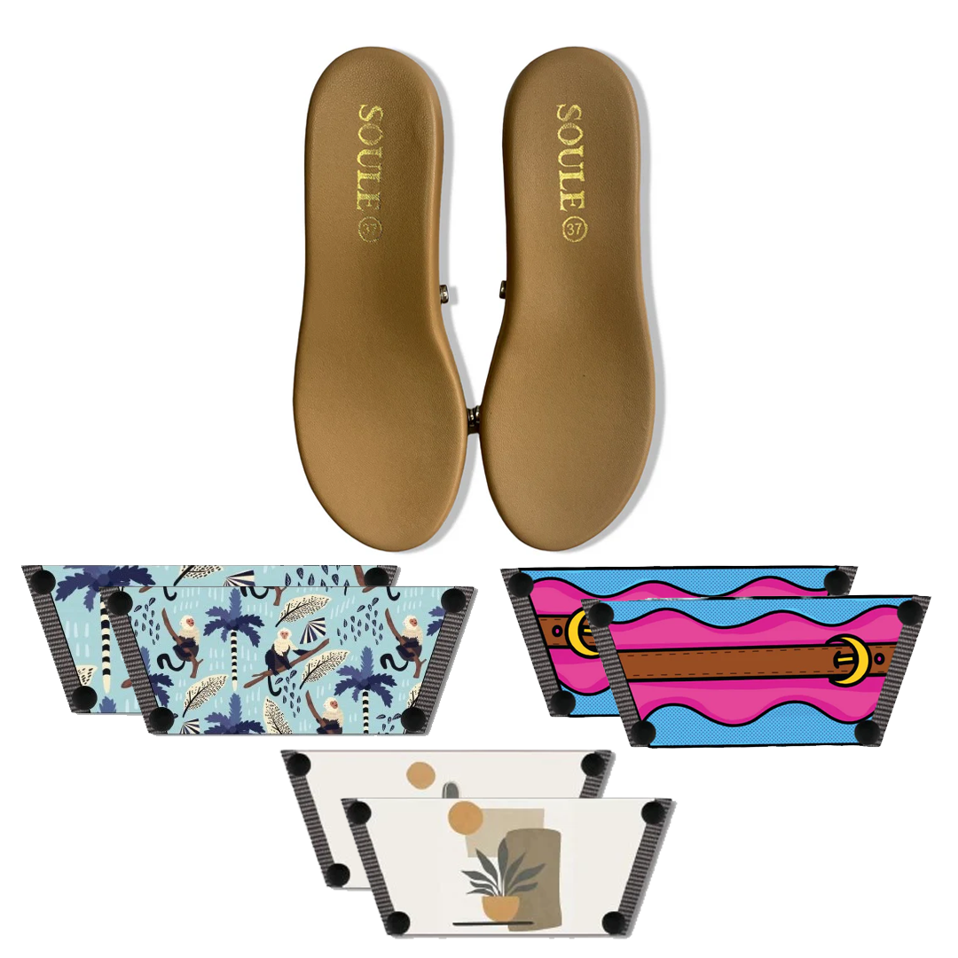 Playful Monkey + Aqua Saddle Groove + Desert Dream Modern Art  (1 sole + 3 straps)