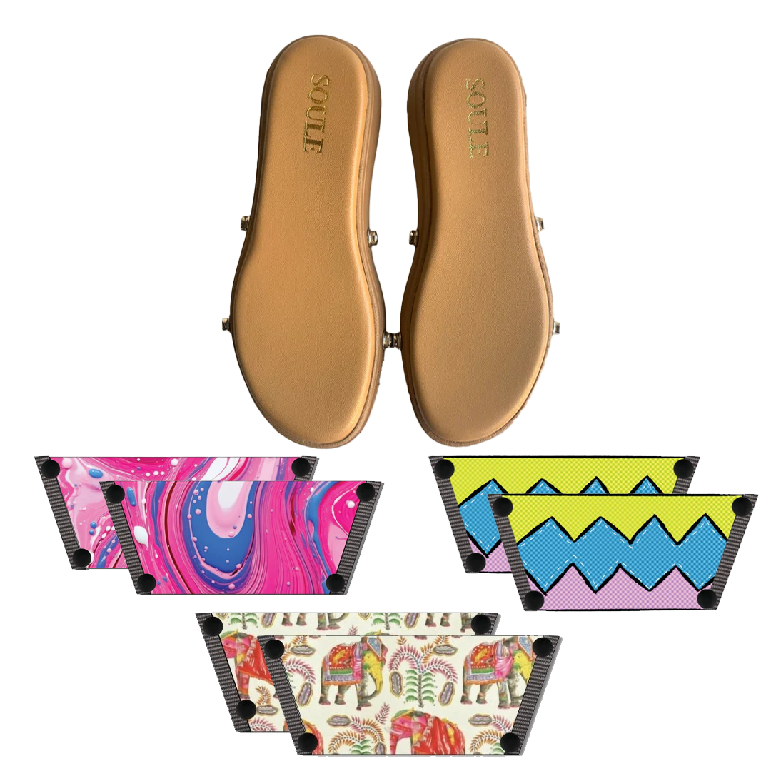 Pink Fluid Art + Zigzag Zest + Ethnic Elephant (1 sole + 3 straps)