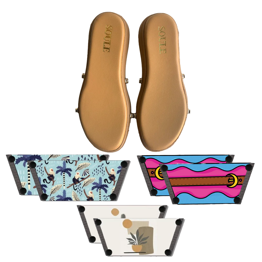 Playful Monkey + Aqua Saddle Groove + Desert Dream Modern Art  (1 sole + 3 straps)