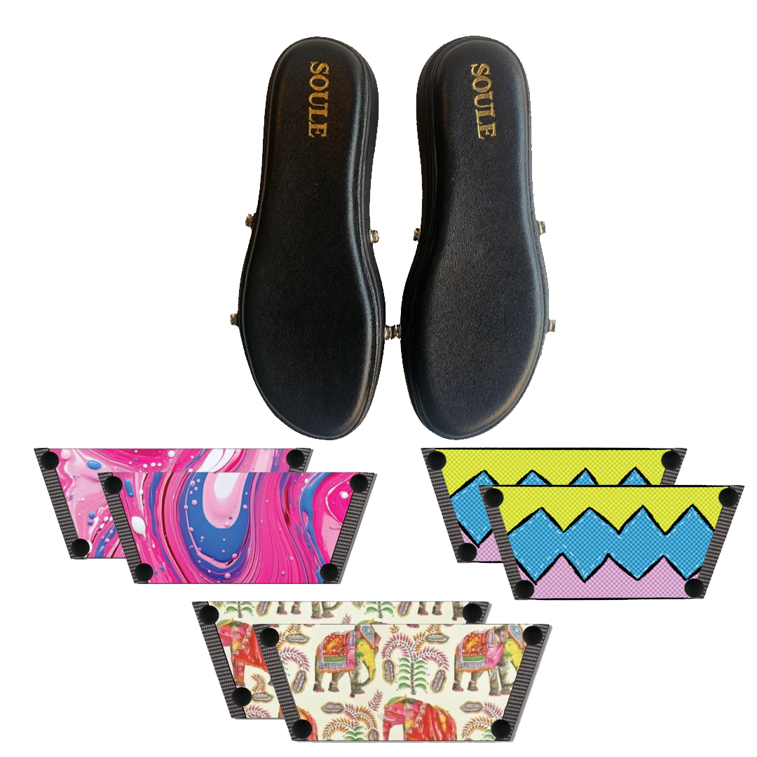 Pink Fluid Art + Zigzag Zest + Ethnic Elephant (1 sole + 3 straps)