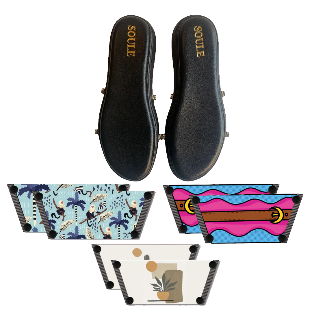 Playful Monkey + Aqua Saddle Groove + Desert Dream Modern Art  (1 sole + 3 straps)