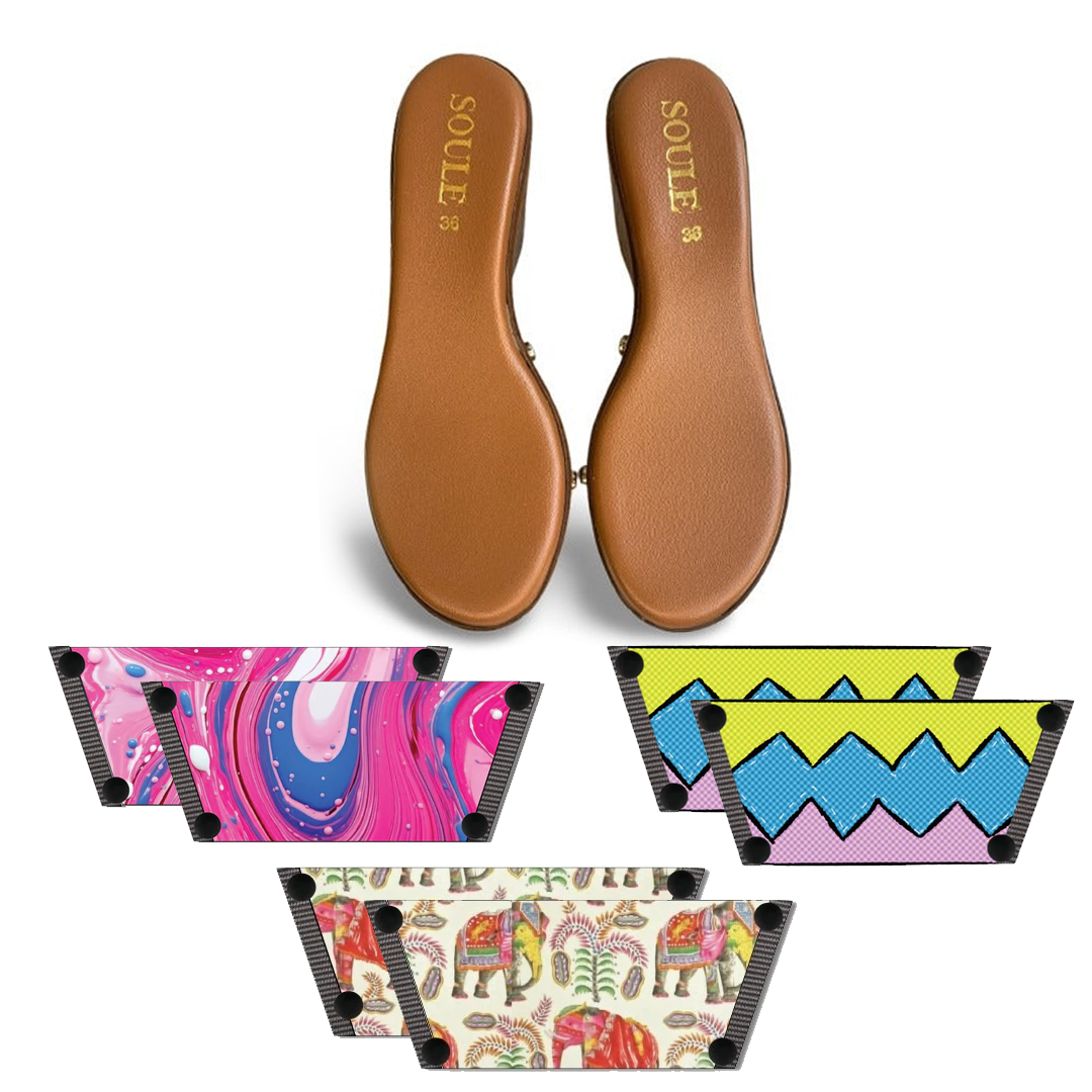 Pink Fluid Art + Zigzag Zest + Ethnic Elephant (1 sole + 3 straps)