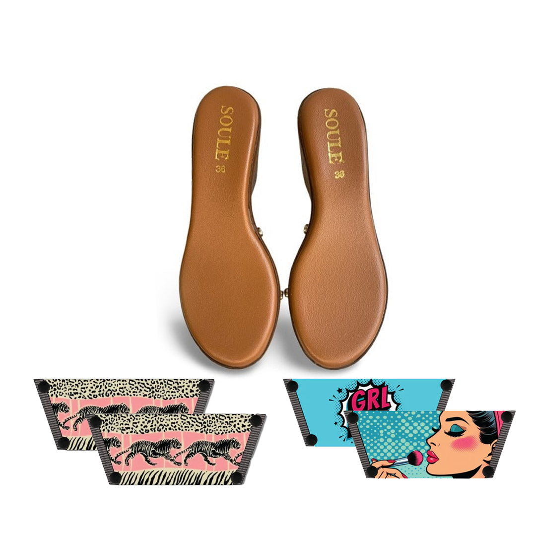 Brown sandal insole with 'Sole' branding, two Straps with animal print design.