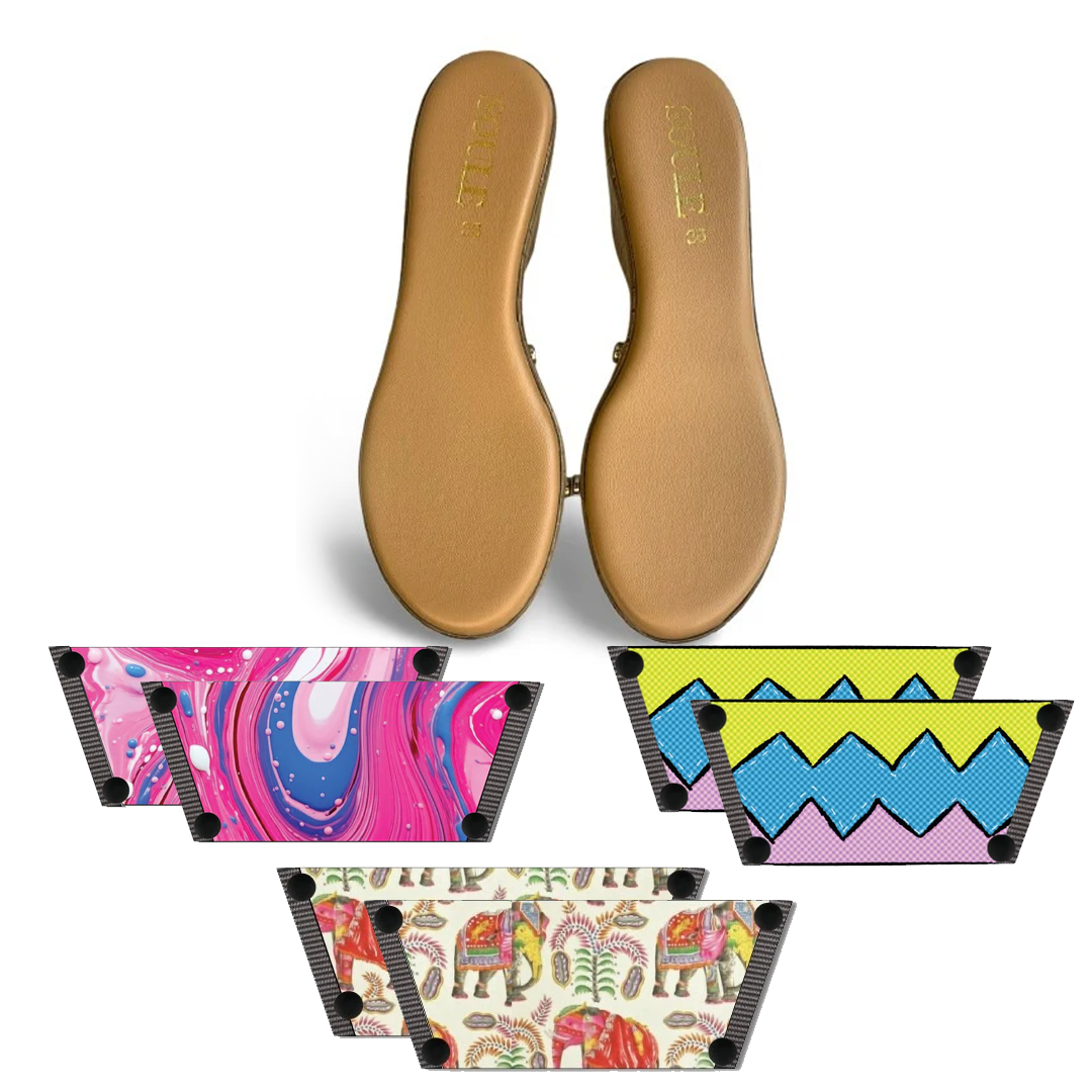 Pink Fluid Art + Zigzag Zest + Ethnic Elephant (1 sole + 3 straps)