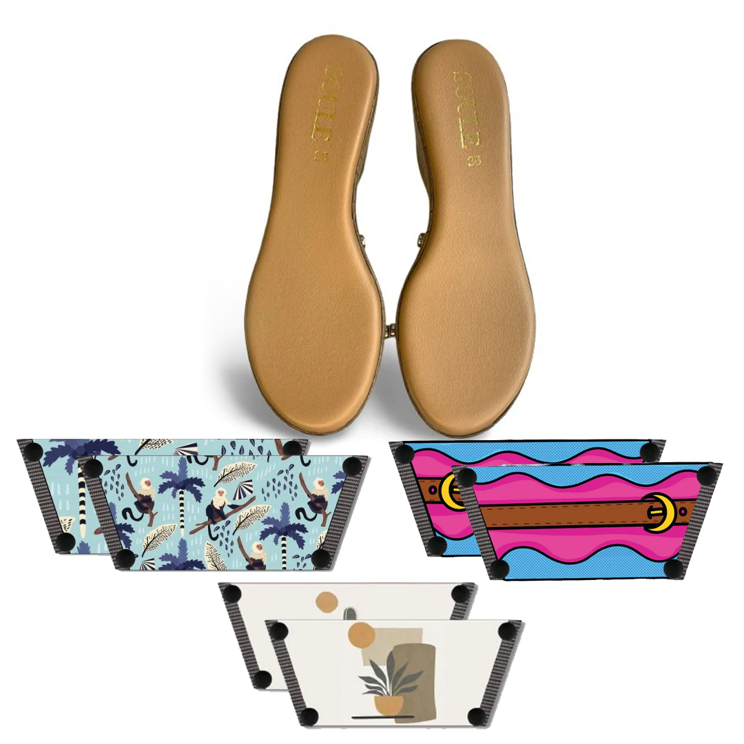 Playful Monkey + Aqua Saddle Groove + Desert Dream Modern Art  (1 sole + 3 straps)