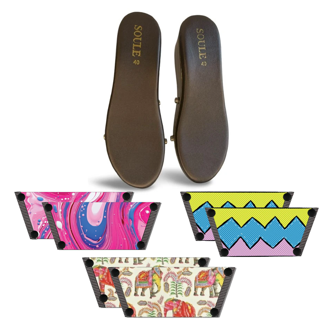 Pink Fluid Art + Zigzag Zest + Ethnic Elephant (1 sole + 3 straps)