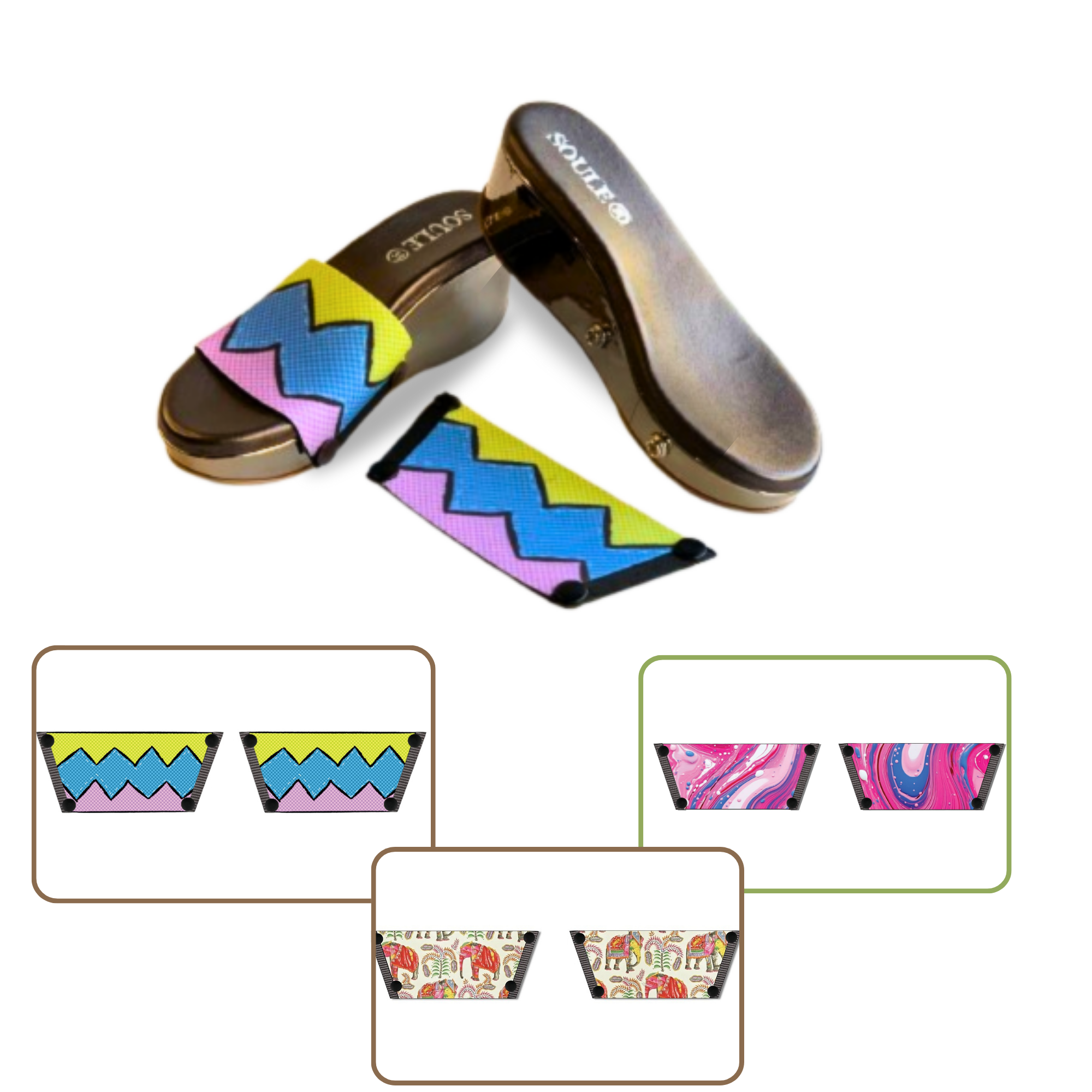 Pink Fluid Art + Zigzag Zest + Ethnic Elephant (1 sole + 3 straps)