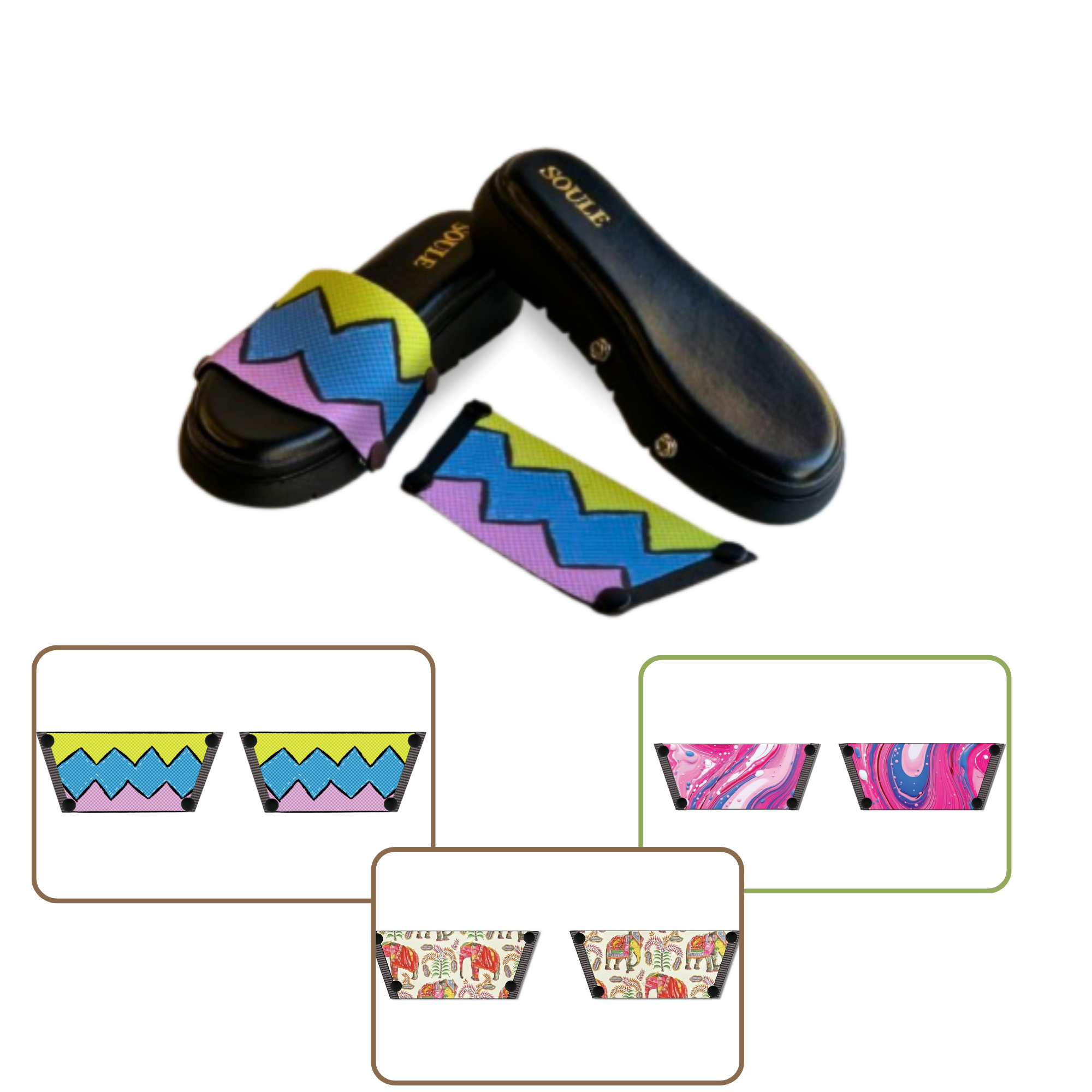 Pink Fluid Art + Zigzag Zest + Ethnic Elephant (1 sole + 3 straps)