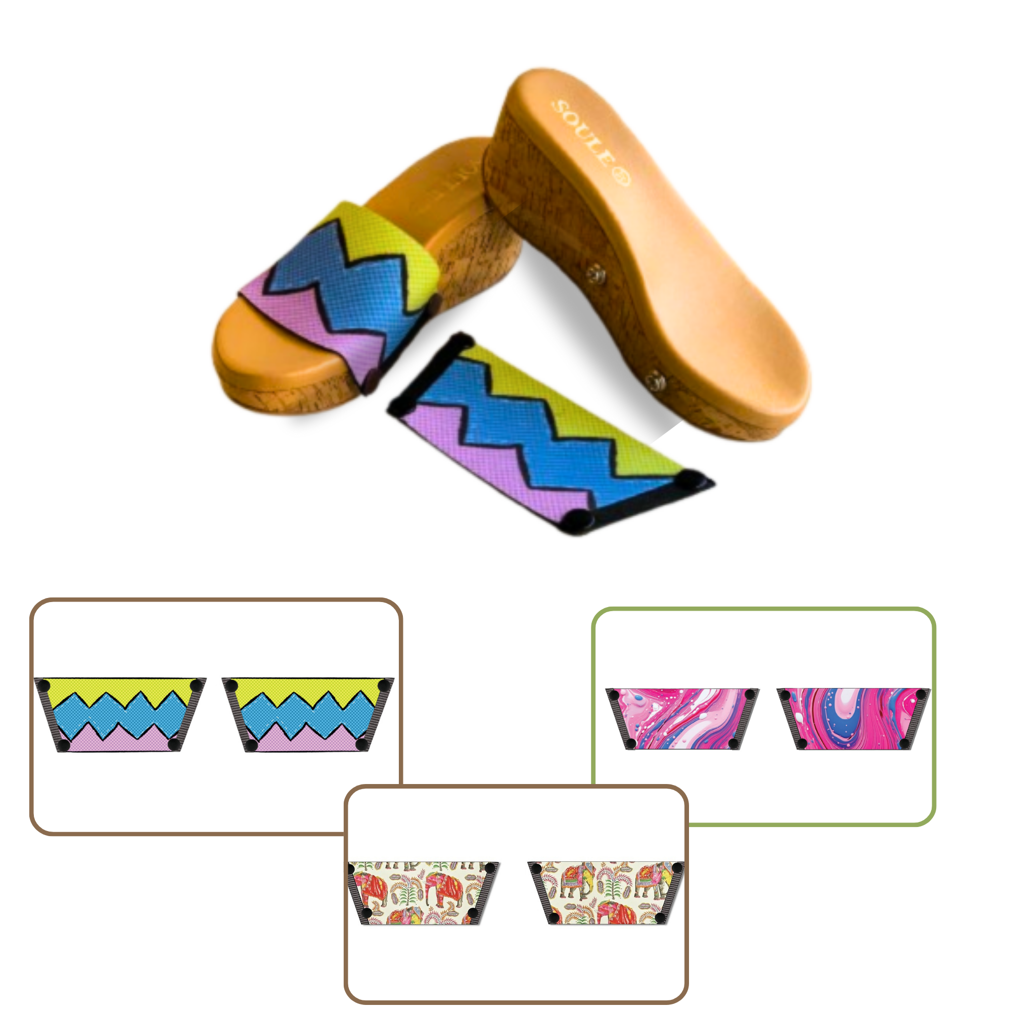 Pink Fluid Art + Zigzag Zest + Ethnic Elephant (1 sole + 3 straps)