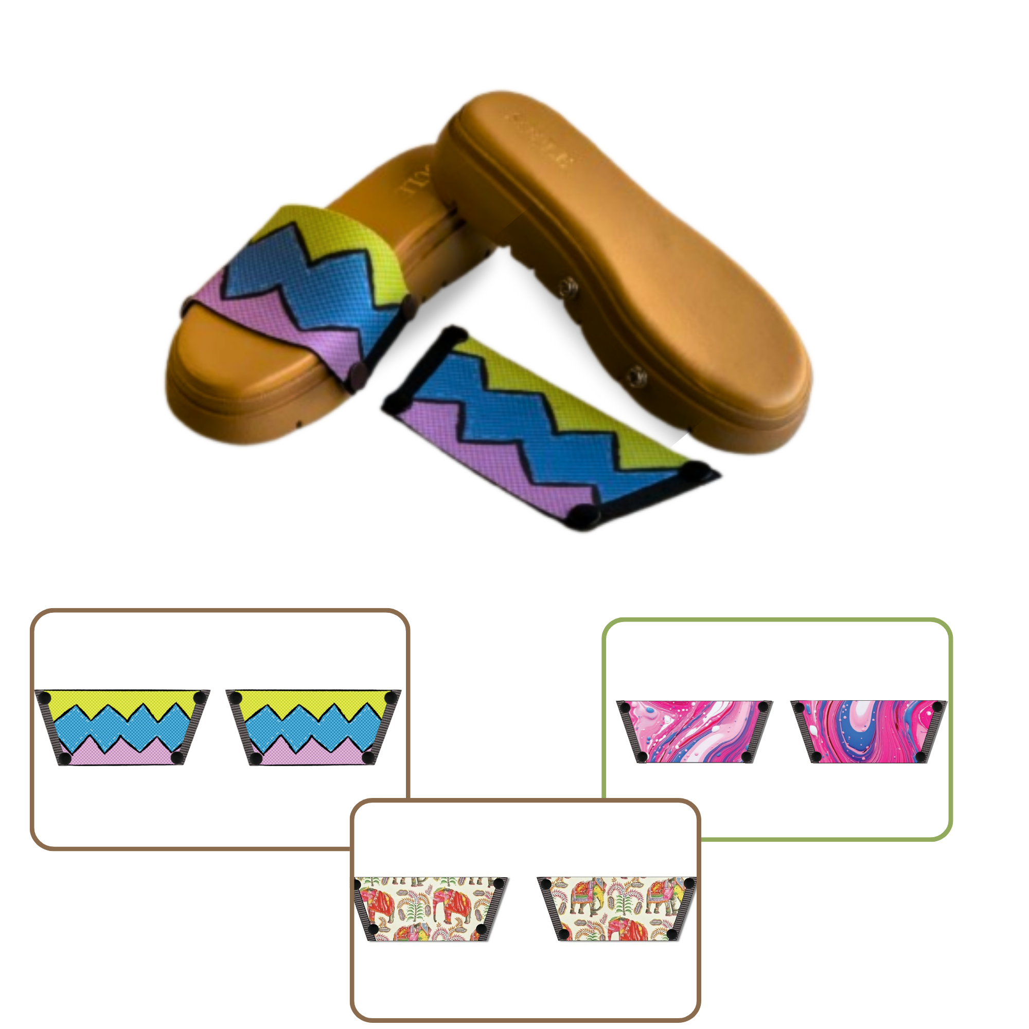 Pink Fluid Art + Zigzag Zest + Ethnic Elephant (1 sole + 3 straps)