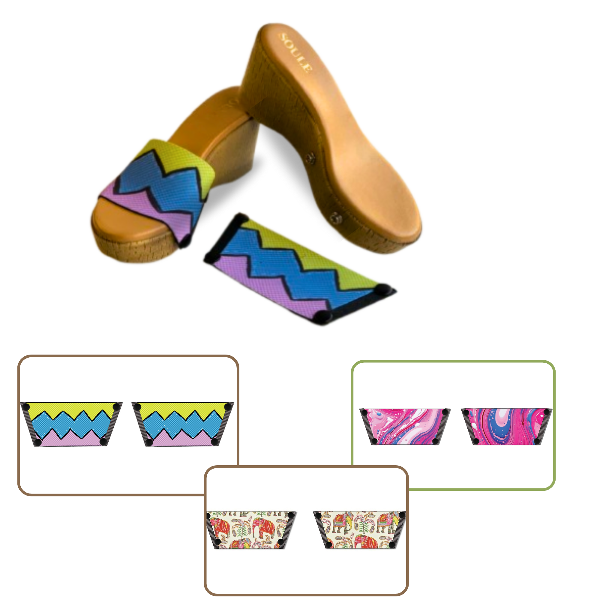 Pink Fluid Art + Zigzag Zest + Ethnic Elephant (1 sole + 3 straps)