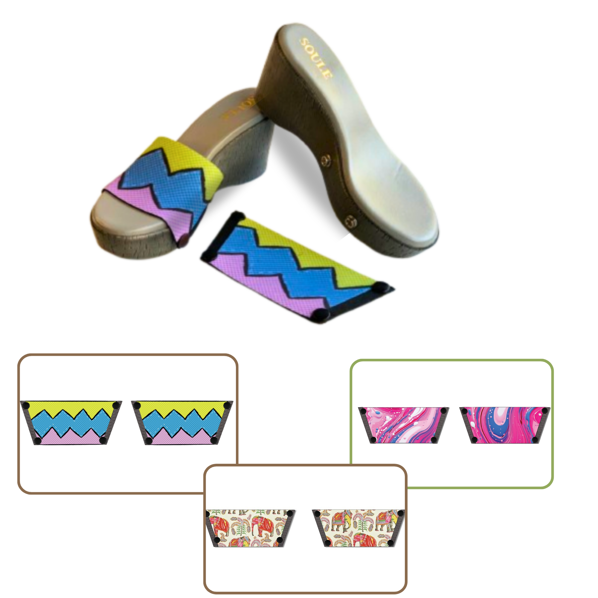 Pink Fluid Art + Zigzag Zest + Ethnic Elephant (1 sole + 3 straps)