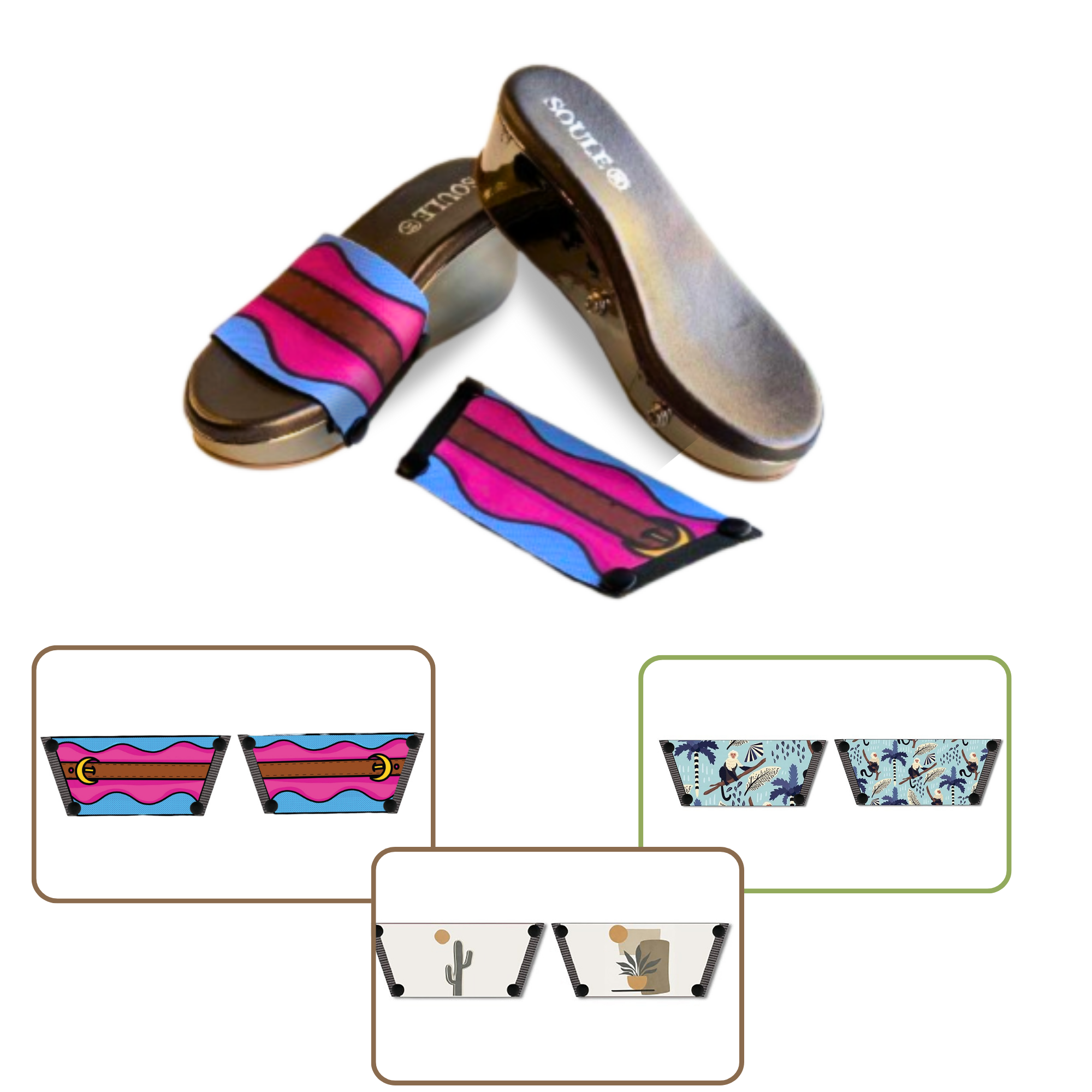 Playful Monkey + Aqua Saddle Groove + Desert Dream Modern Art  (1 sole + 3 straps)