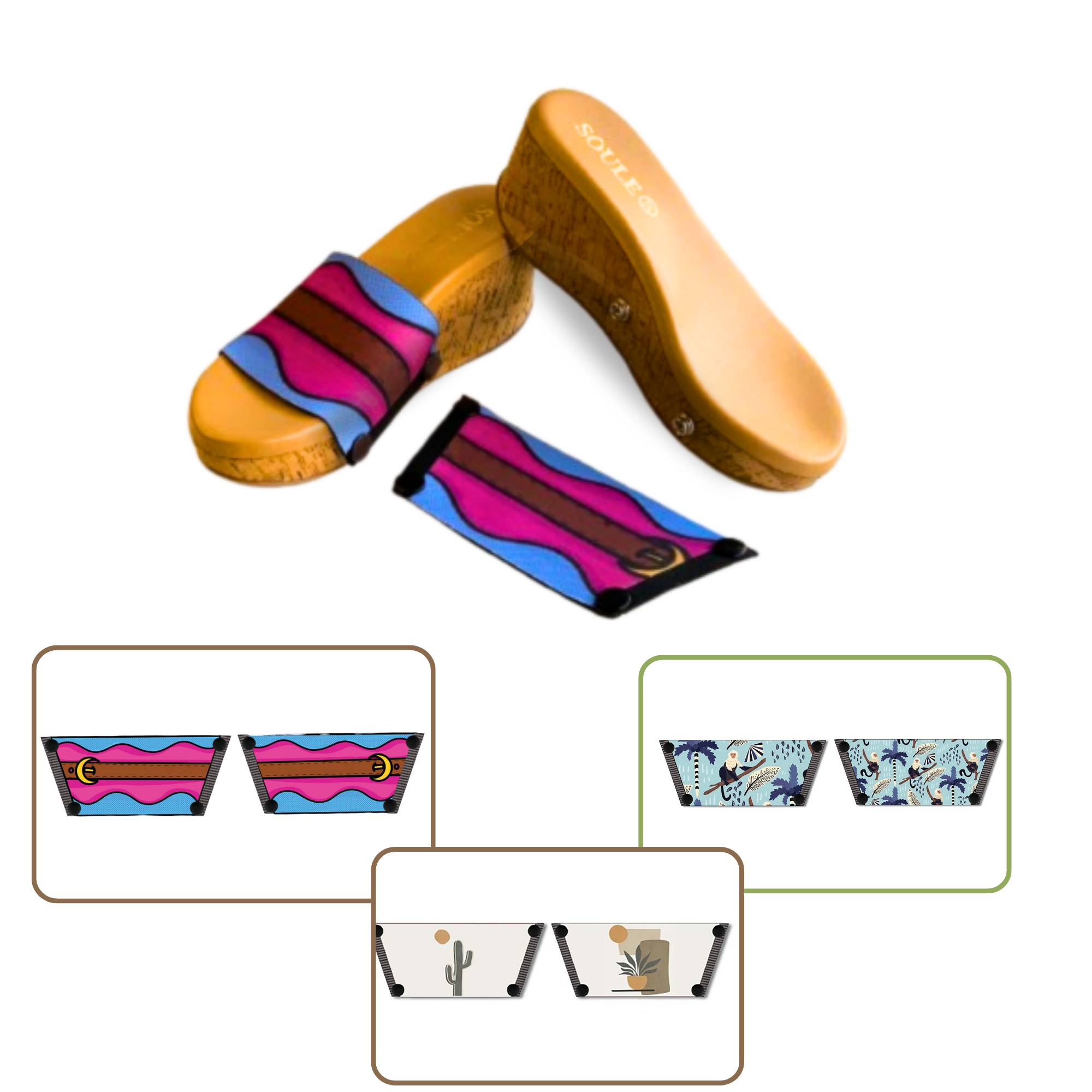 Playful Monkey + Aqua Saddle Groove + Desert Dream Modern Art  (1 sole + 3 straps)