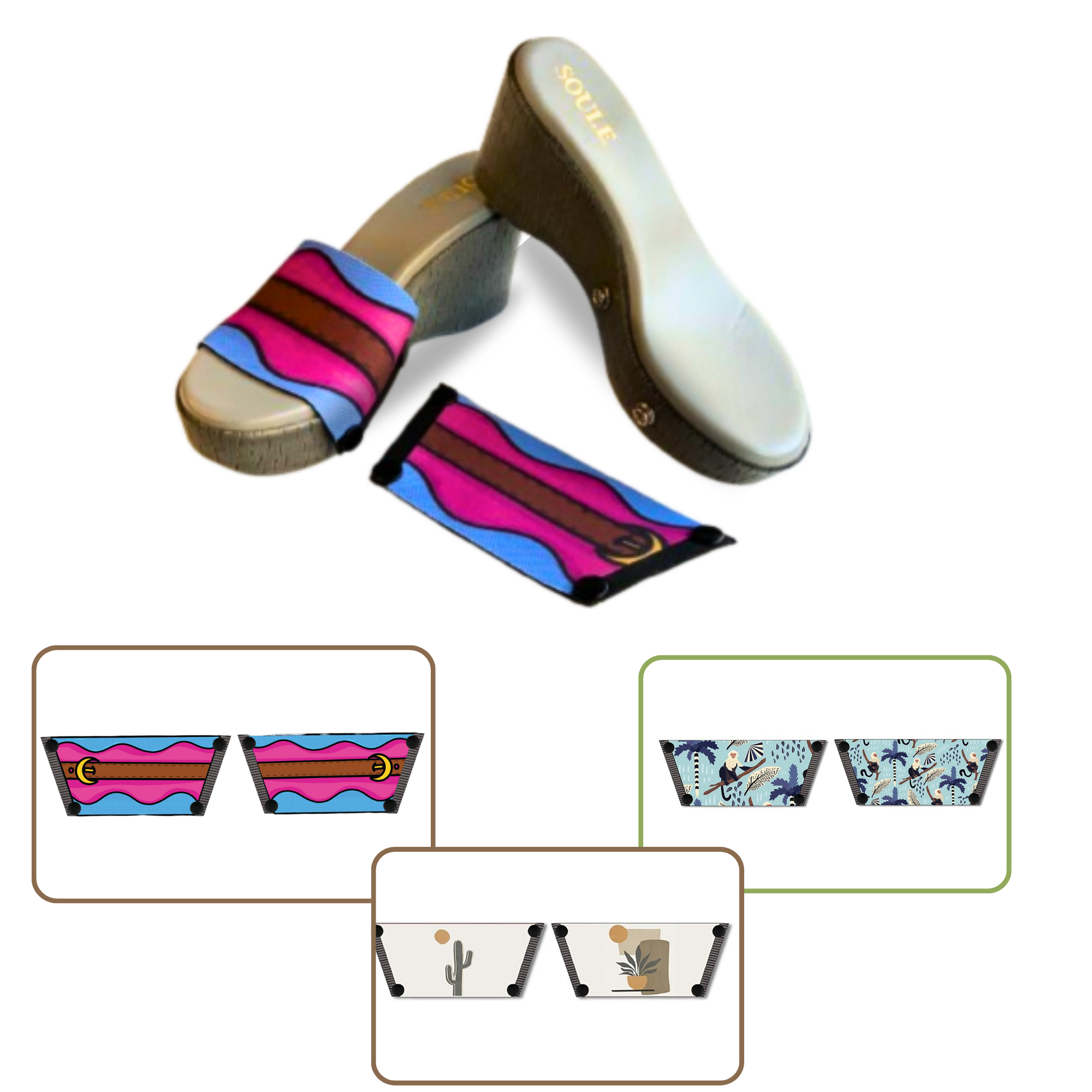 Playful Monkey + Aqua Saddle Groove + Desert Dream Modern Art  (1 sole + 3 straps)