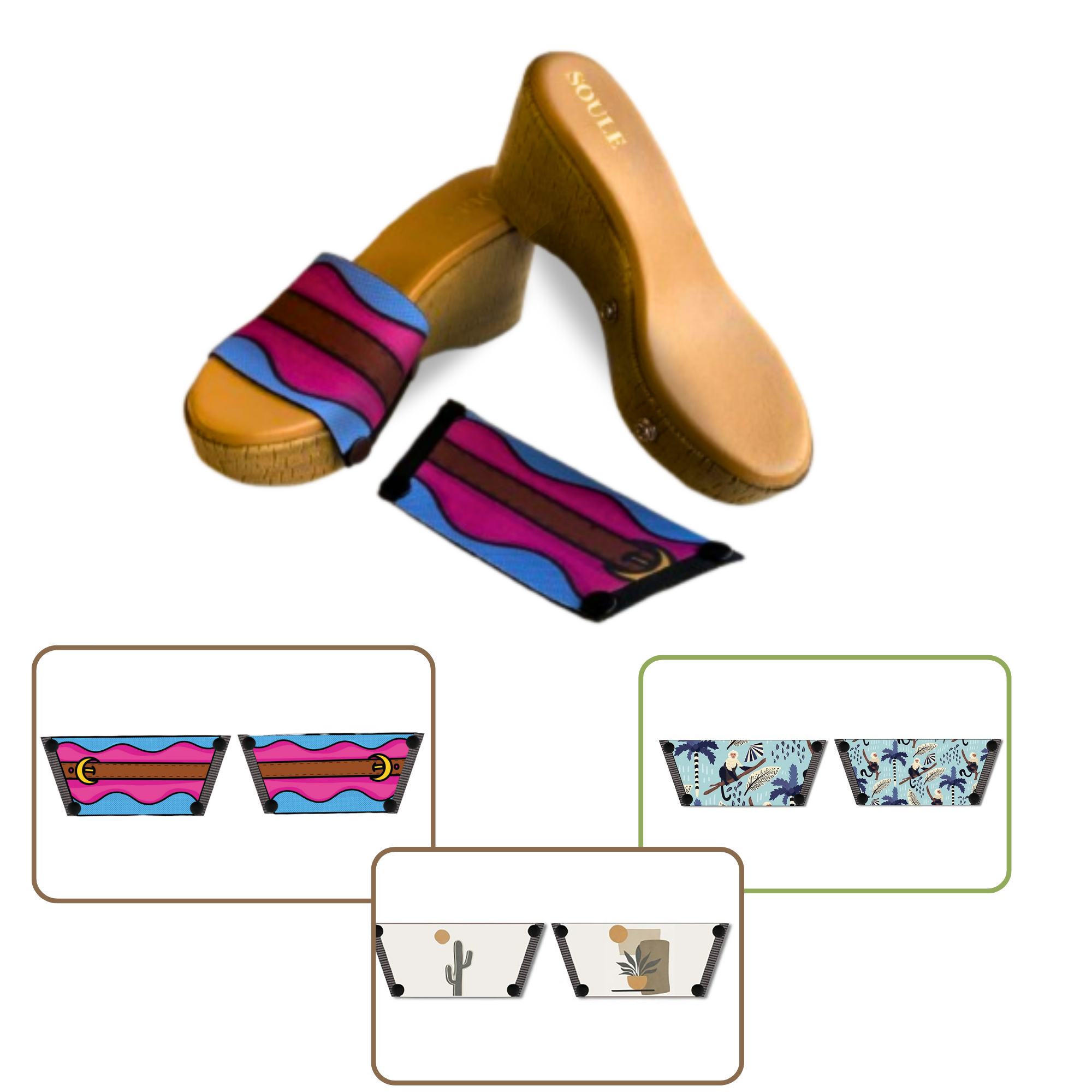 Playful Monkey + Aqua Saddle Groove + Desert Dream Modern Art  (1 sole + 3 straps)