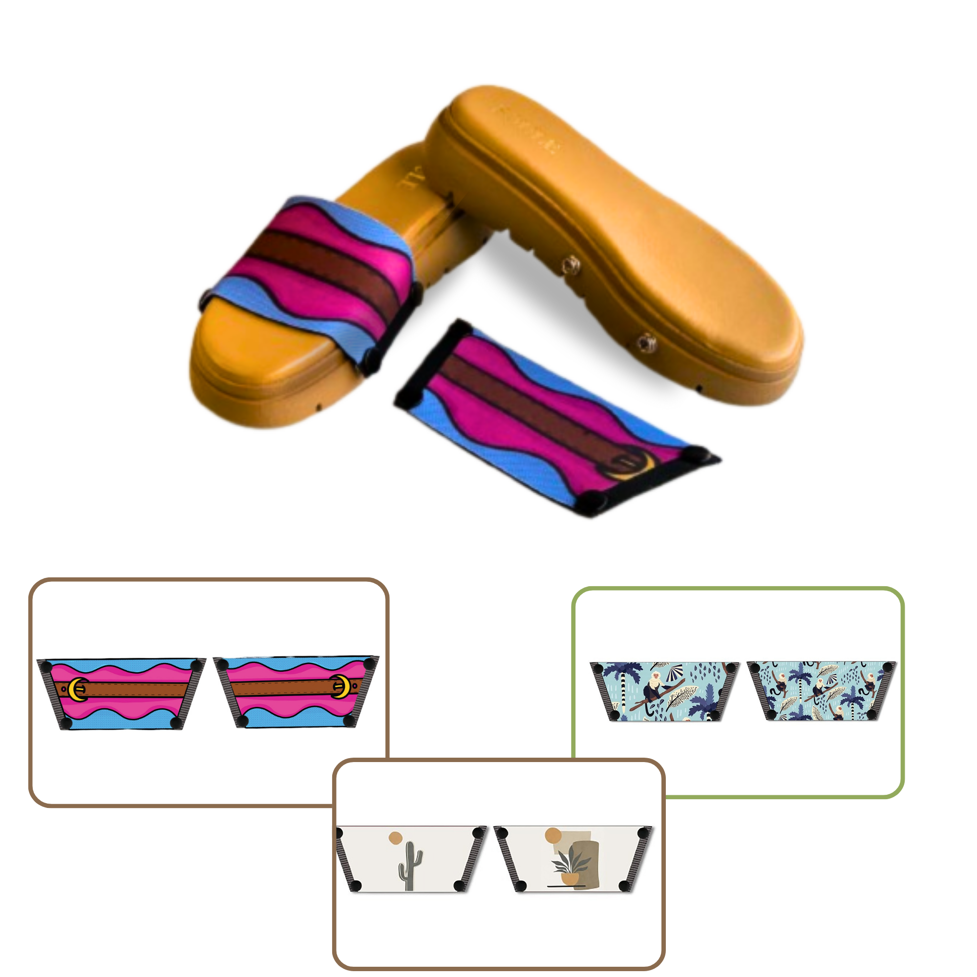 Playful Monkey + Aqua Saddle Groove + Desert Dream Modern Art  (1 sole + 3 straps)