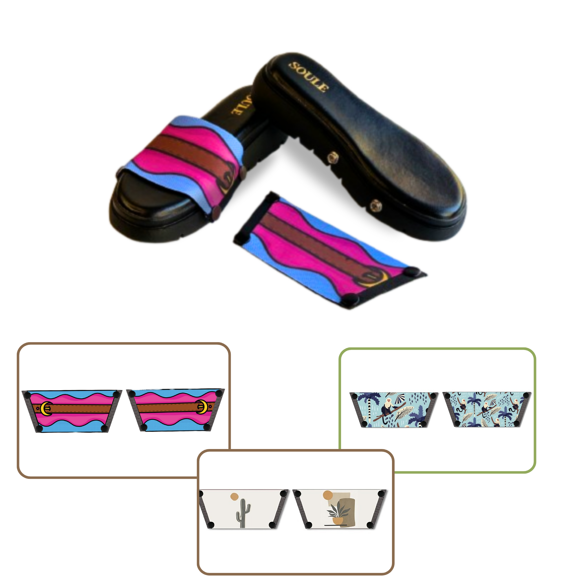 Playful Monkey + Aqua Saddle Groove + Desert Dream Modern Art  (1 sole + 3 straps)