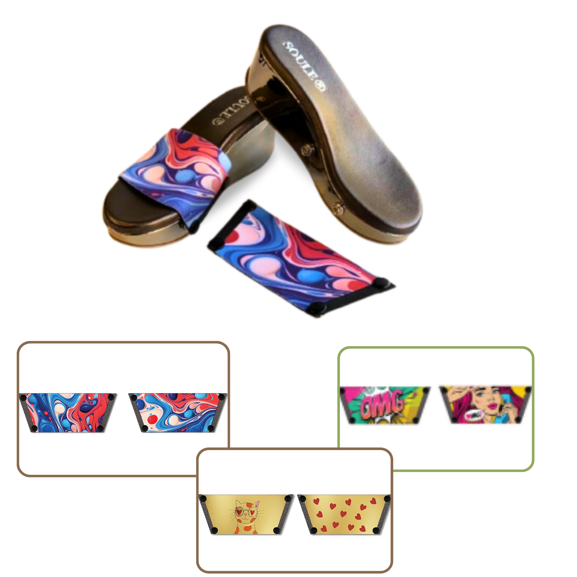 Purr-fectly Adorable + OMG Chic + Playful Fluid Art (1 sole + 3 straps)