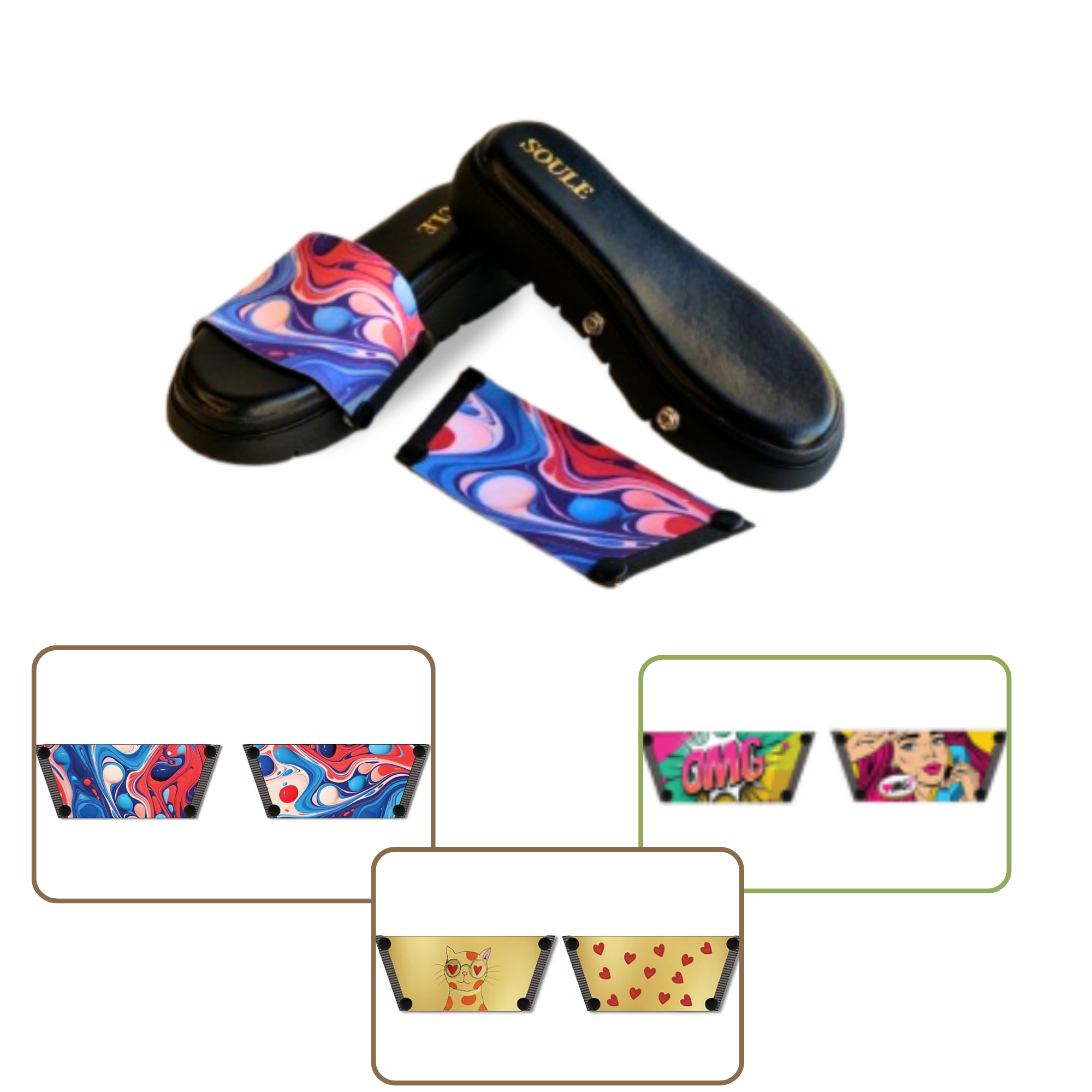 Purr-fectly Adorable + OMG Chic + Playful Fluid Art (1 sole + 3 straps)
